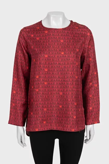 Loose long-sleeved blouse with signature print