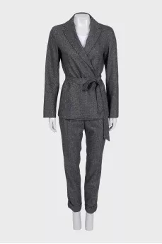 Gray suit of trousers and jacket with wraparound