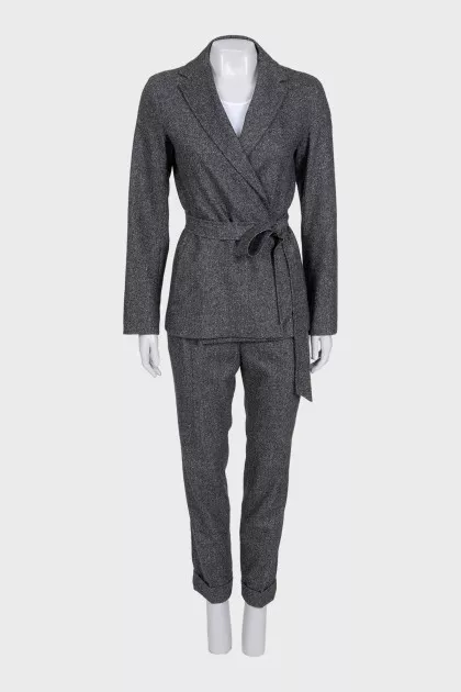 Gray suit of trousers and jacket with wraparound