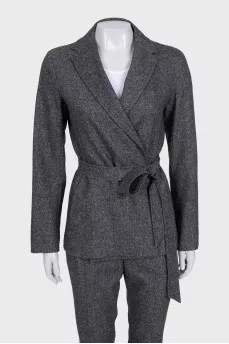 Gray suit of trousers and jacket with wraparound