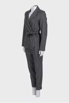 Gray suit of trousers and jacket with wraparound