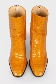 Leather square toe booties with a tag