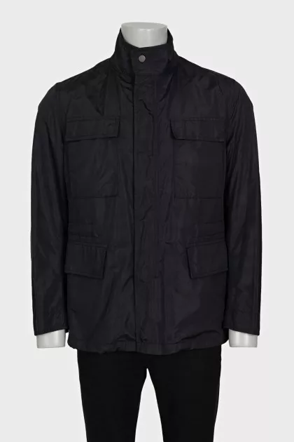 Men's dark blue jacket with a zipper and buttons