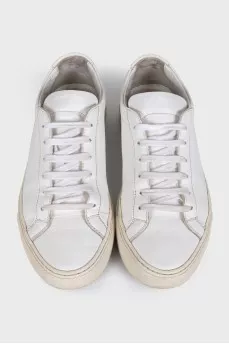 White leather lace-up sneakers