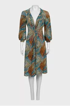 Fitted dress with printed voluminous sleeves