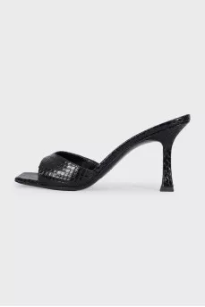 Black snakeskin heeled mules