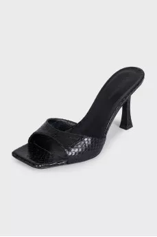 Black snakeskin heeled mules