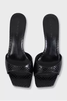 Black snakeskin heeled mules