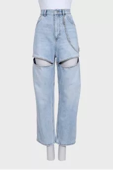 Light blue wide-leg jeans with slits and decoration
