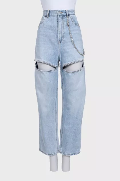 Light blue wide-leg jeans with slits and decoration