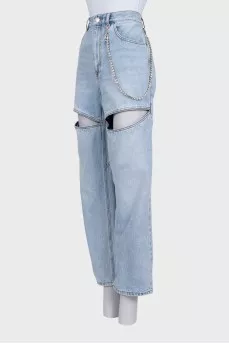 Light blue wide-leg jeans with slits and decoration
