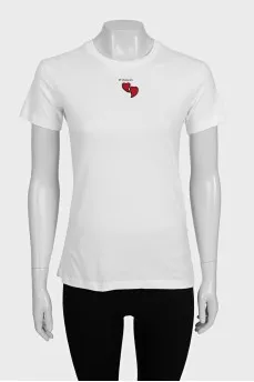 White T-shirt with logo decorated with embroidery