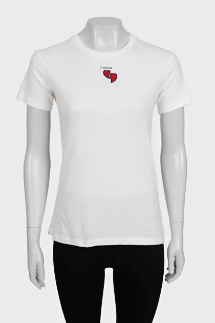 White T-shirt with logo decorated with embroidery
