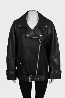Black leather jacket with tag