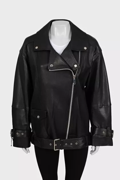 Black leather jacket with tag
