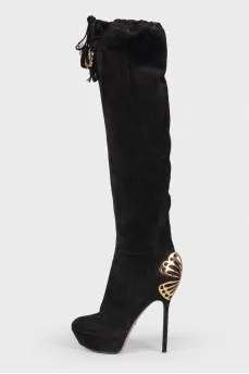 Black suede gold butterflies boots