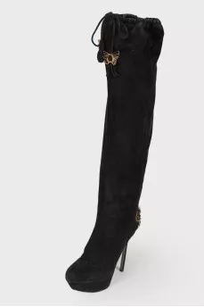 Black suede gold butterflies boots