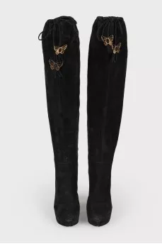 Black suede gold butterflies boots