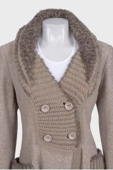 Gray coat with a knitted collar