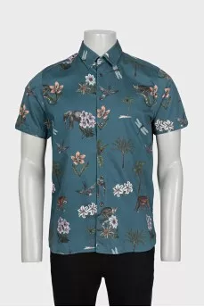 Men's blue short-sleeve printed shirt