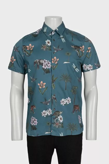 Men's blue short-sleeve printed shirt