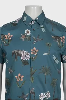 Men's blue short-sleeve printed shirt