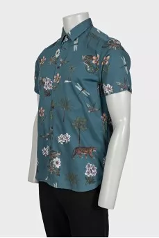 Men's blue short-sleeve printed shirt