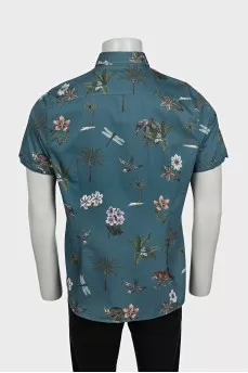 Men's blue short-sleeve printed shirt