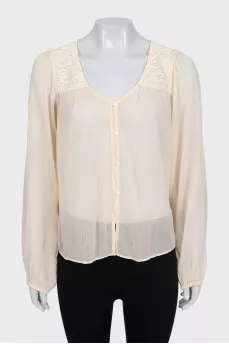 Beige loose blouse with lace insert