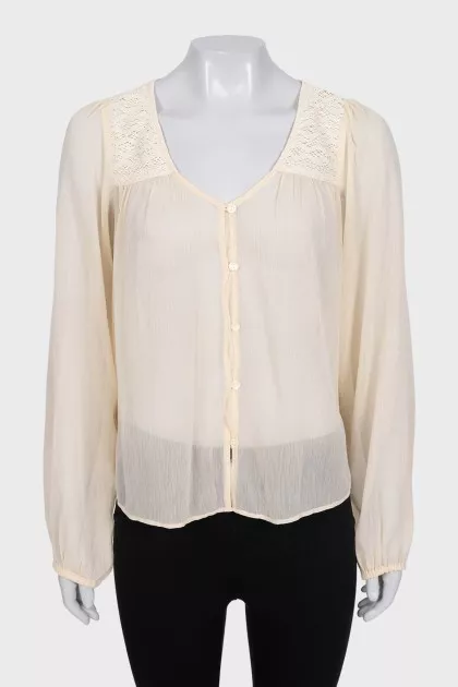 Beige loose blouse with lace insert