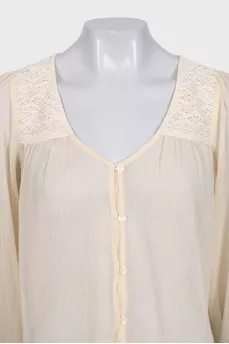 Beige loose blouse with lace insert