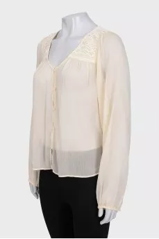 Beige loose blouse with lace insert