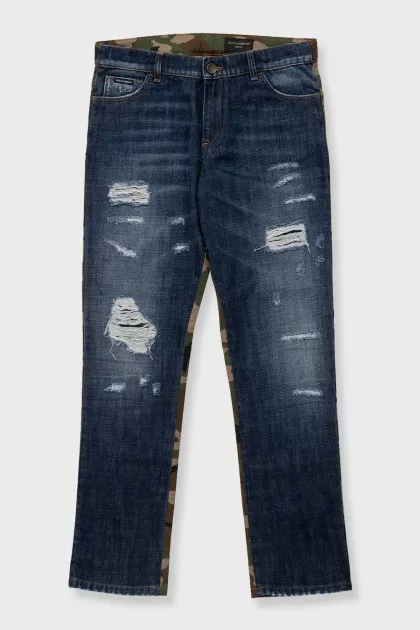 Men's blue ripped jeans with a military print