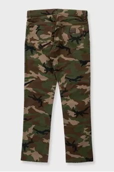 Men's blue ripped jeans with a military print
