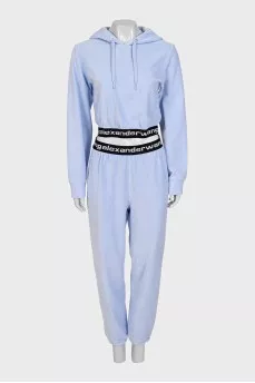 Blue tracksuit with black elastic waistbands with logo
