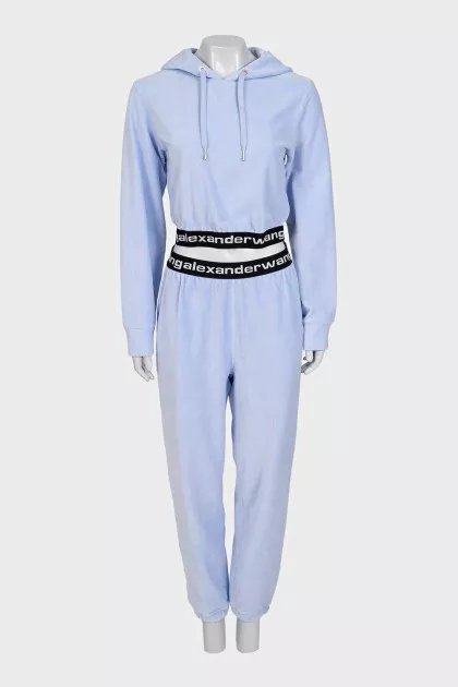 Blue tracksuit with black elastic waistbands with logo