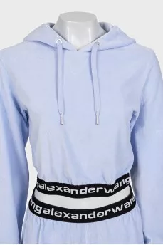 Blue tracksuit with black elastic waistbands with logo