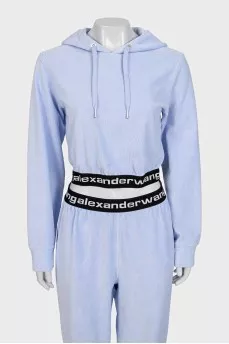 Blue tracksuit with black elastic waistbands with logo