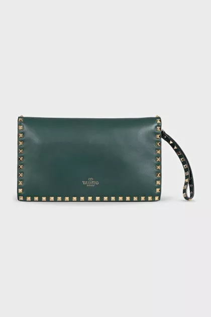 Шкіряний зелений клатч Rockstud