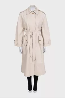 Beige trench coat with a buttoned belt