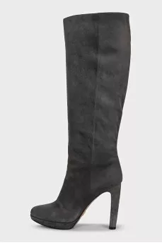 Gray suede high-heeled boots