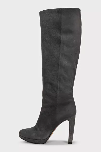 Gray suede high-heeled boots