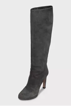 Gray suede high-heeled boots