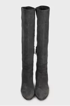 Gray suede high-heeled boots