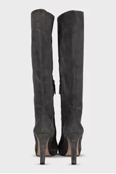 Gray suede high-heeled boots