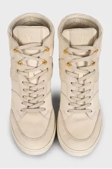 Grey leather and suede sneakers with branded embossing