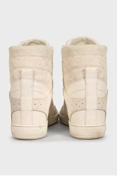 Grey leather and suede sneakers with branded embossing