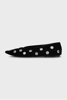 Black suede ballet flats with pointed toe and metallic embellishments