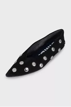 Black suede ballet flats with pointed toe and metallic embellishments