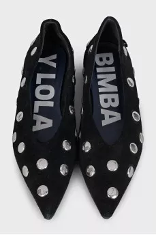 Black suede ballet flats with pointed toe and metallic embellishments